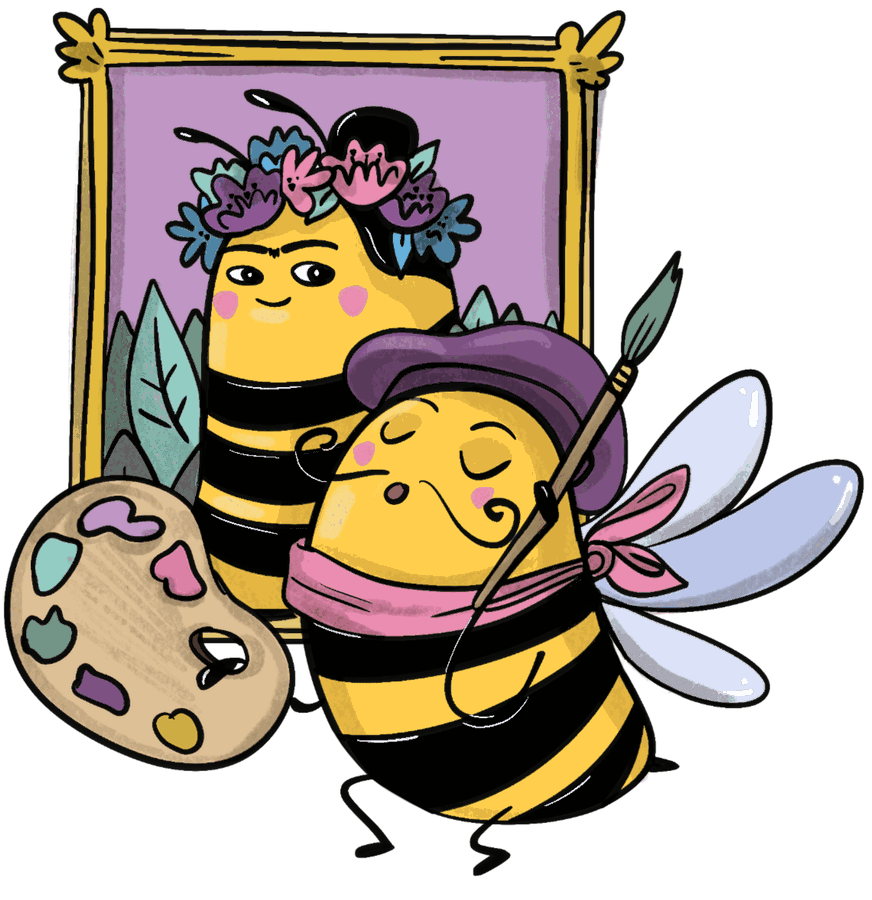 Ilustración de abejas artistas de Ana Toribio: una con corona de flores estilo Frida y otra pintando con boina