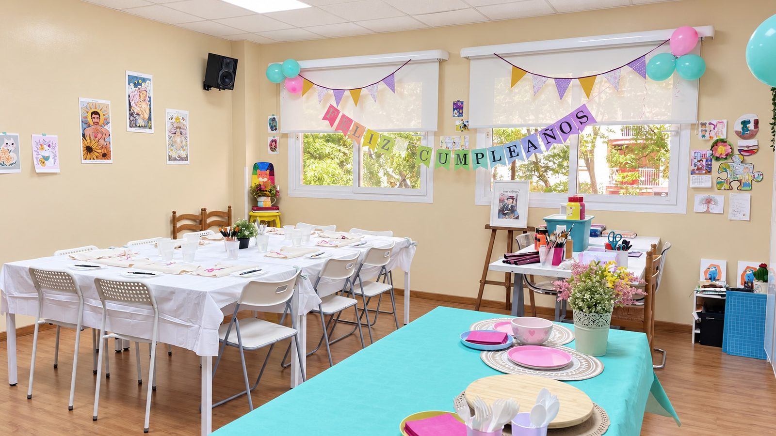 El estudio de Ana Toribio en Sevilla Este montado para un taller de cumpleaños, con mesas vestidas y merienda preparada