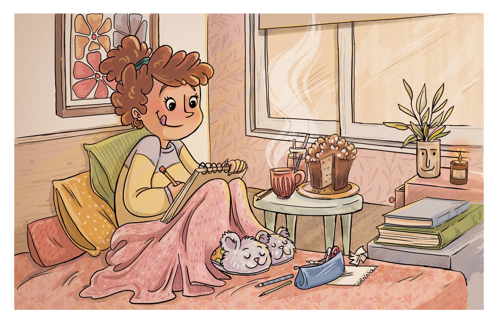 Ilustración de Ana Toribio de una chica dibujando en la cama con café, libretas y bocetos