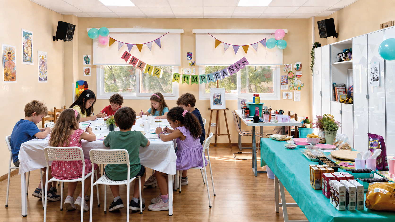Fiesta de cumpleaños en el estudio de Ana Toribio en Sevilla Este: grupo pintando alrededor de la mesa con la merienda preparada